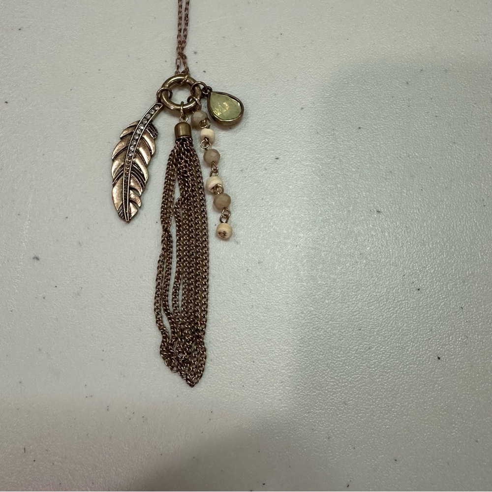 Gold Tassel Feather Cluster Necklace, long, boho, festival
